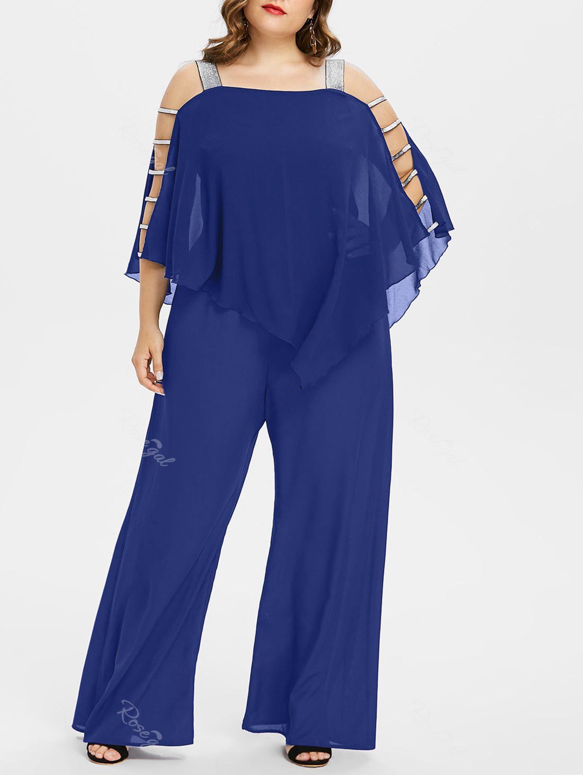 

Ladder Cut Out Plus Size Asymmetrical Jumpsuit, Earth blue