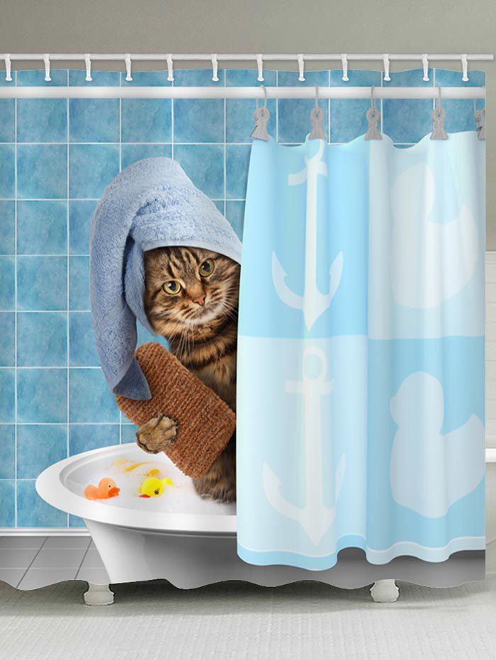 

Cute Bathing Kitten Print Bath Shower Curtain, Blue gray