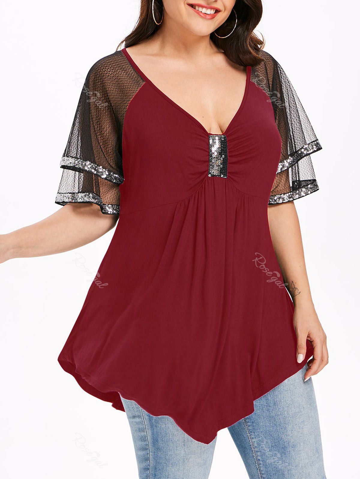 

Plus Size Mesh Shoulder Sparkly T-shirt, Red wine