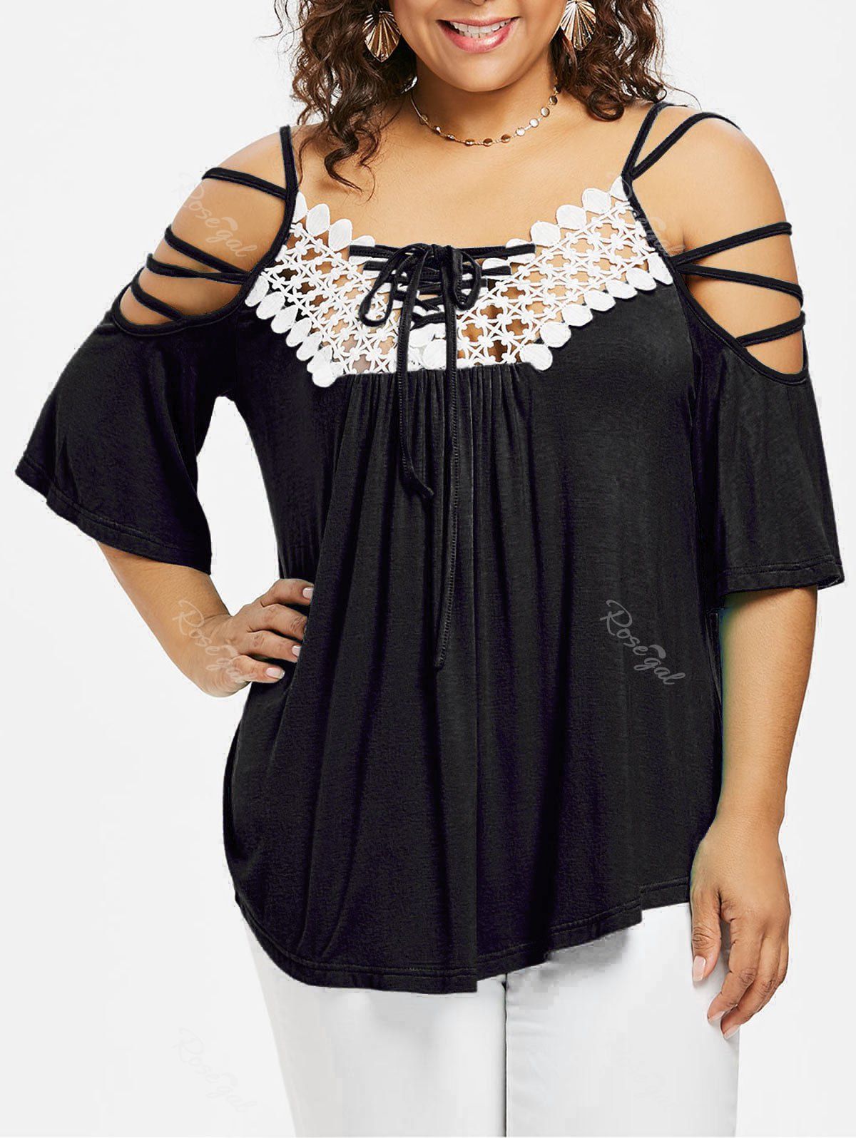 

ROSEGAL Plus Size Open Shoulder Strappy T-shirt, Black