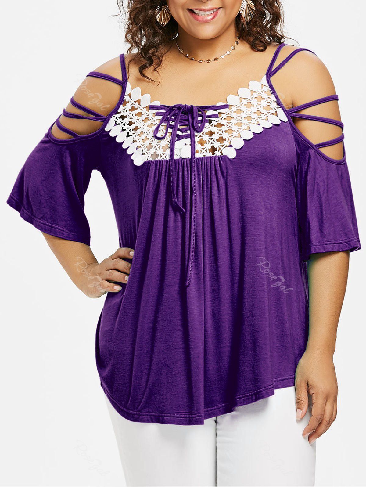 2019 plus size open shoulder geometric t shirt