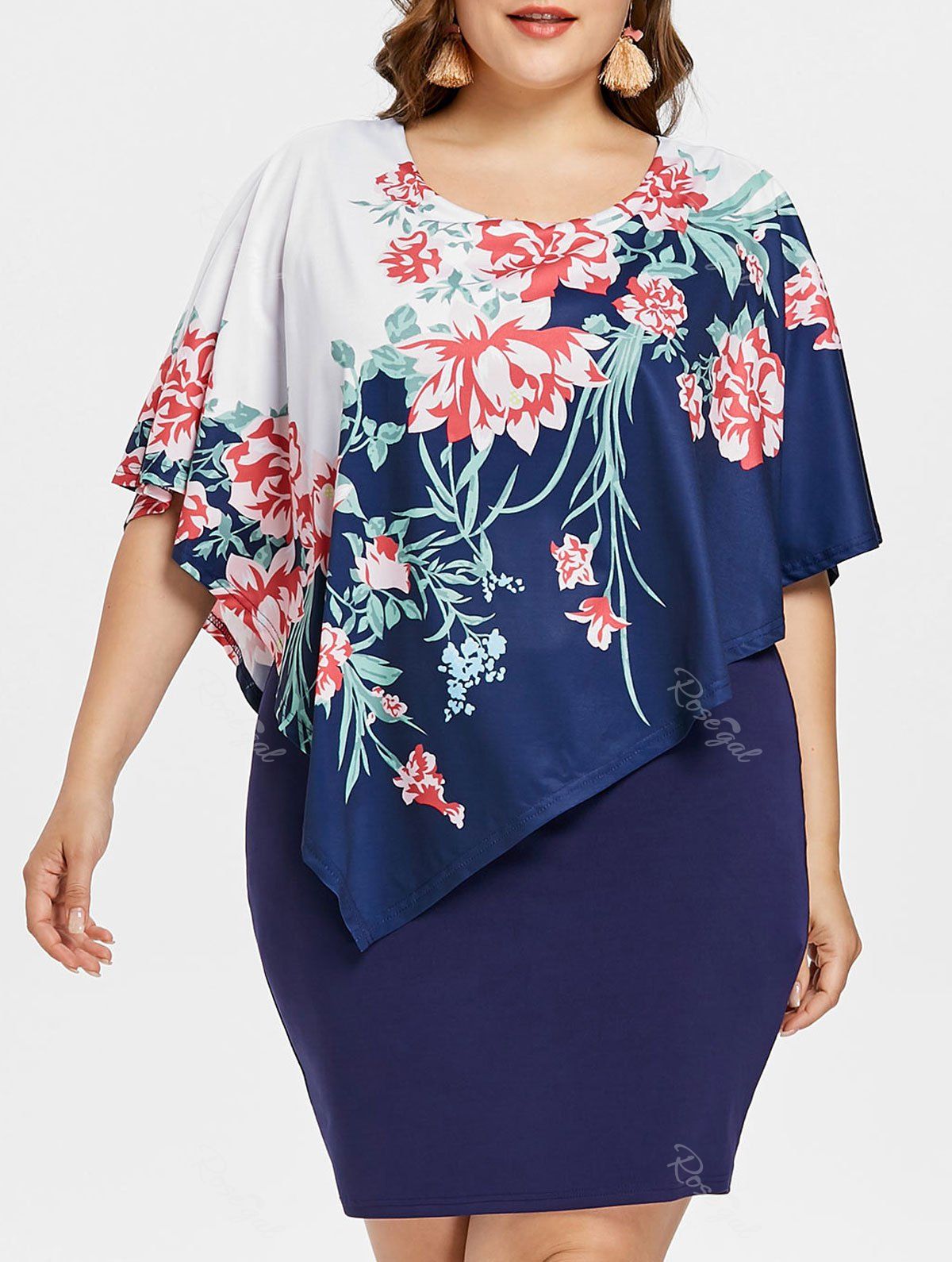 

Plus Size Floral Asymmetric Overlay Dress, Midnight blue