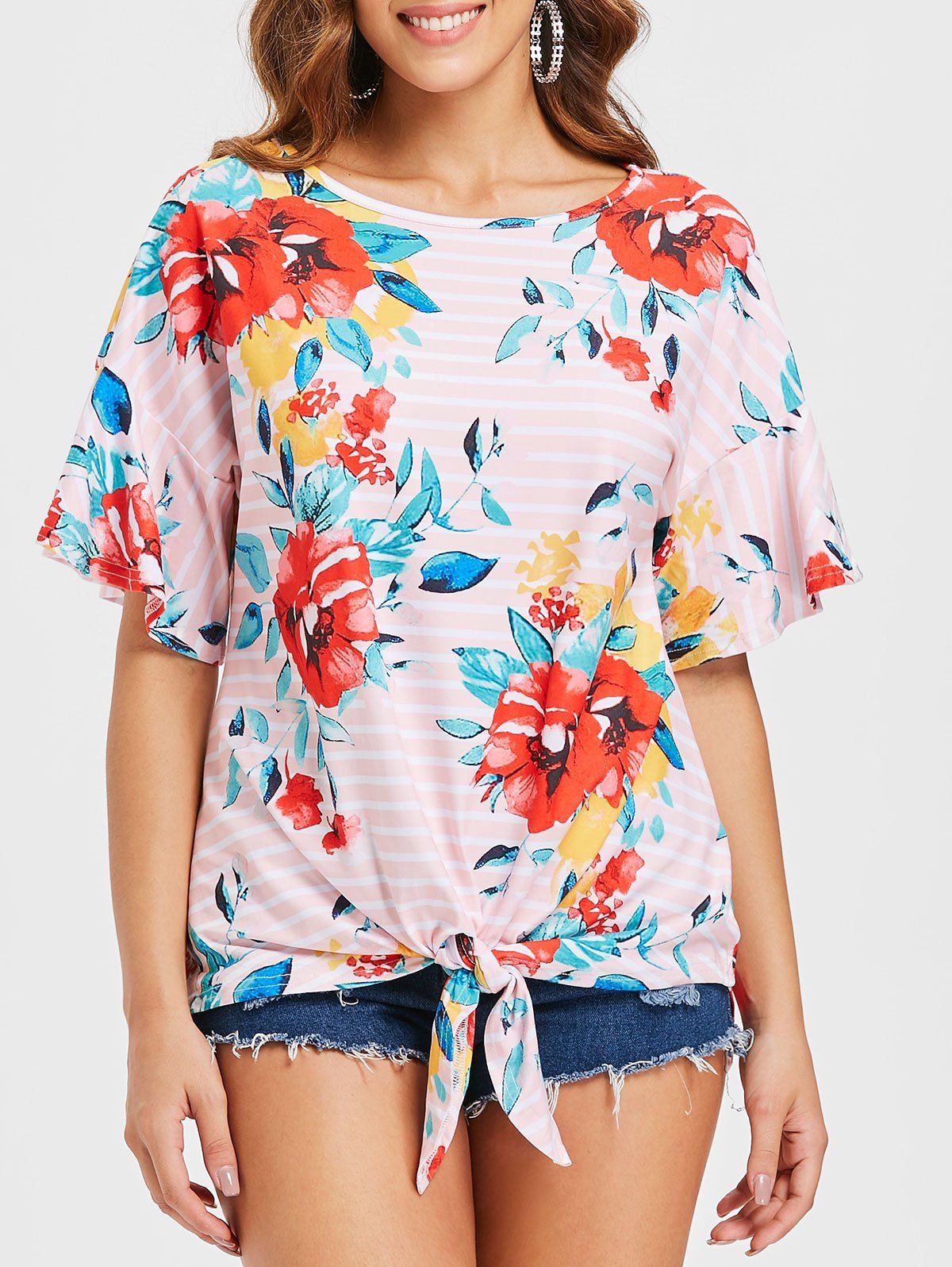 

Self Tie Knotted Floral Print T-shirt, Pink