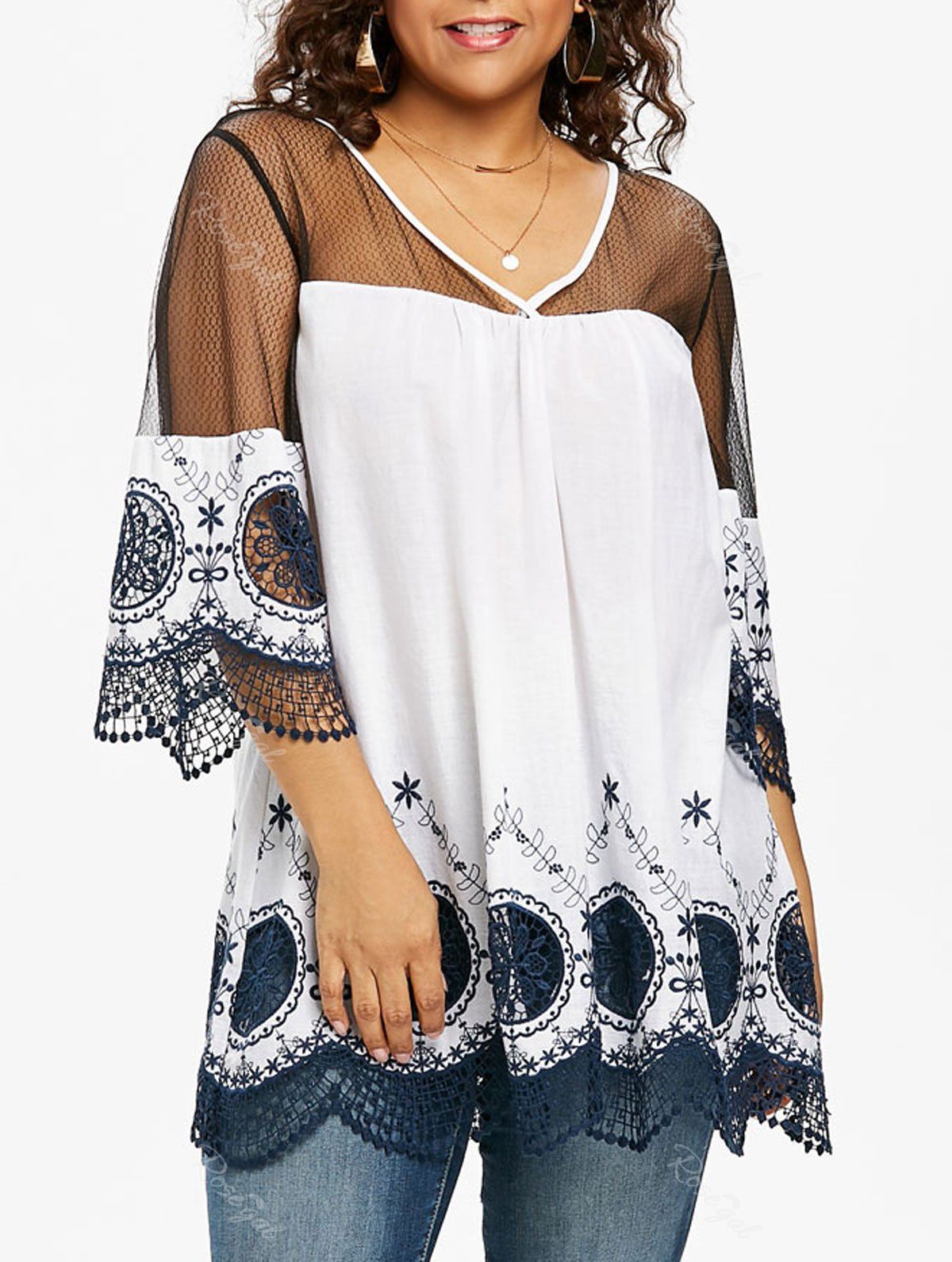 

Plus Size V Neck Bell Sleeve Blouse, White