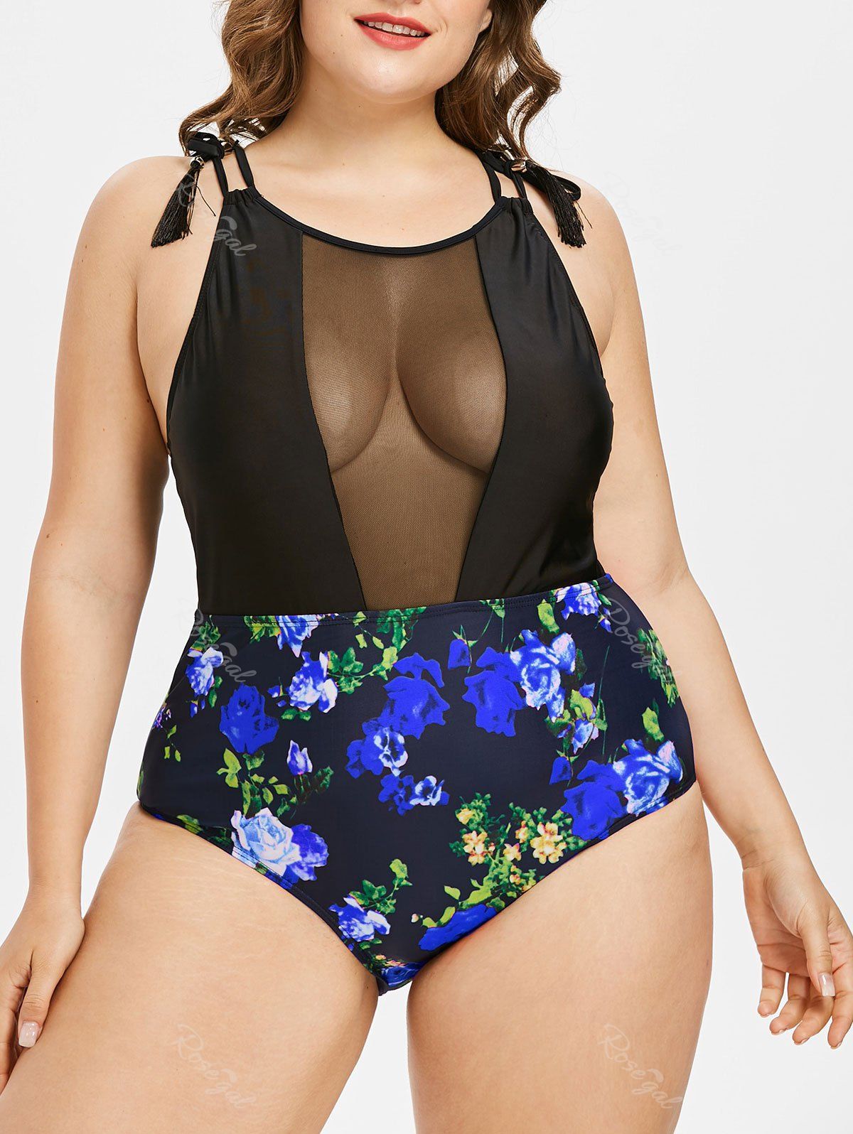 

Plus Size Floral Mesh Insert Swimsuit, Deep blue