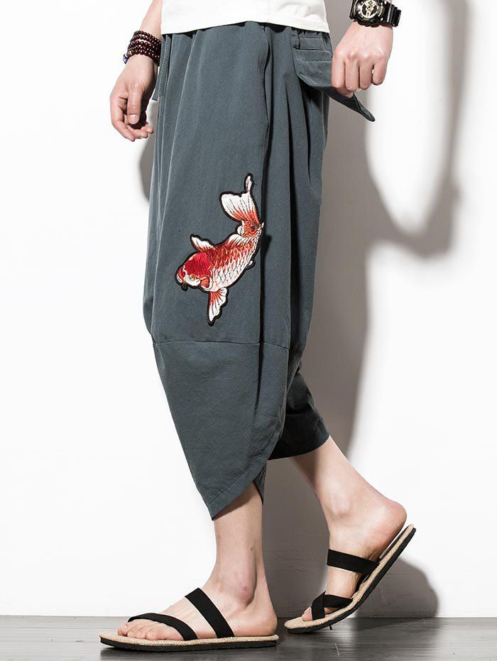 

Fish Embroidery Drawstring Waist Hip Hop Pants, Dark slate grey