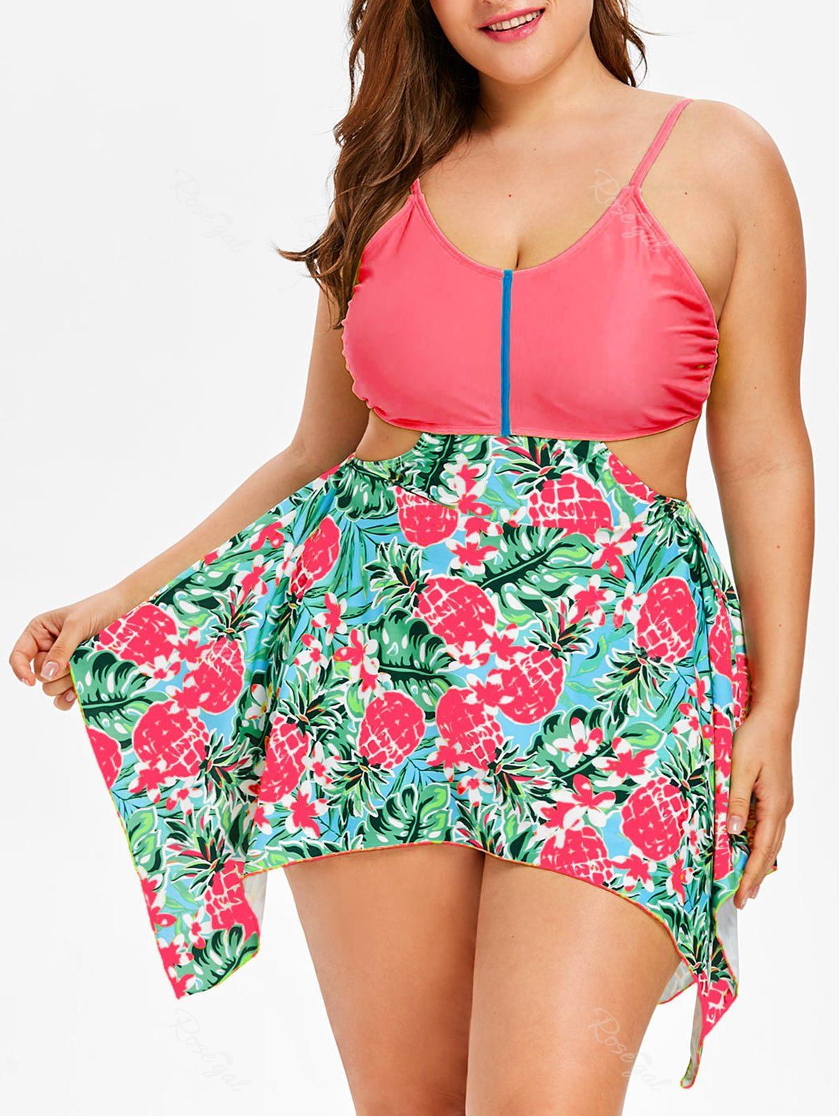 

Plus Size Pineapple Handkerchief Tankini Set, Watermelon pink