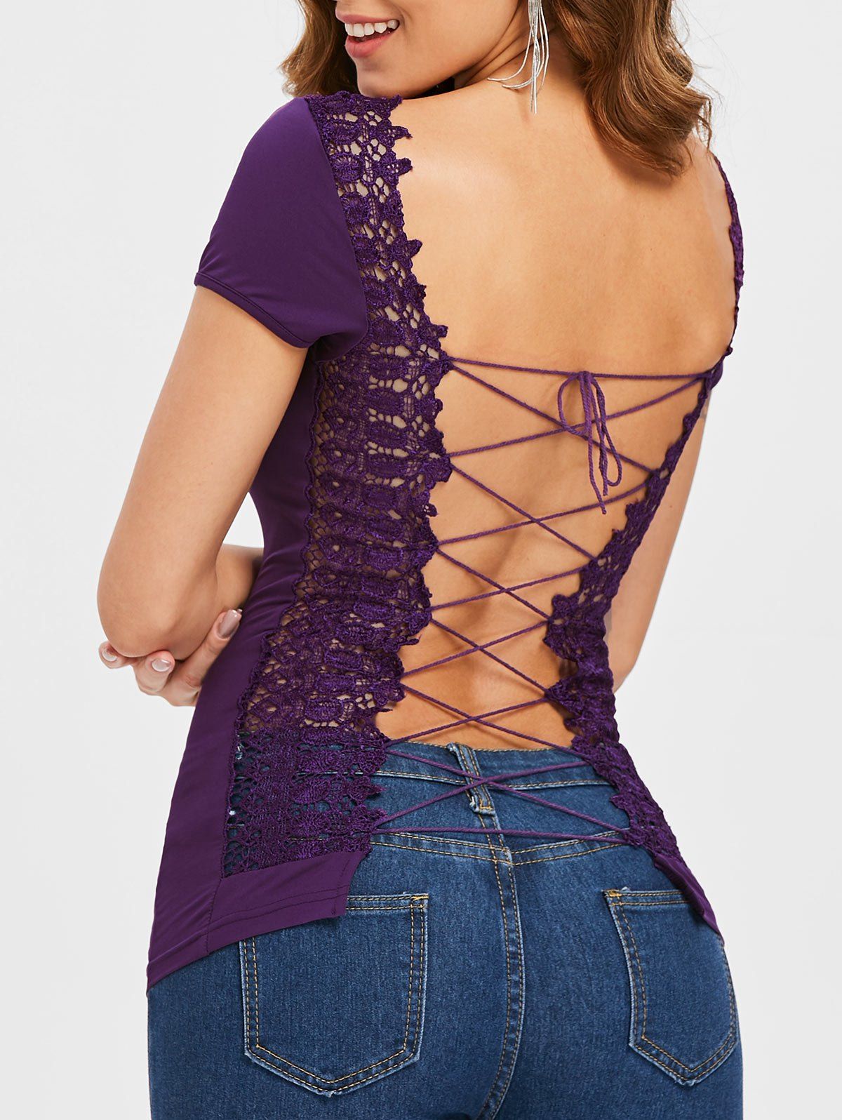 

Back Lattice Short Sleeve Tee, Purple iris