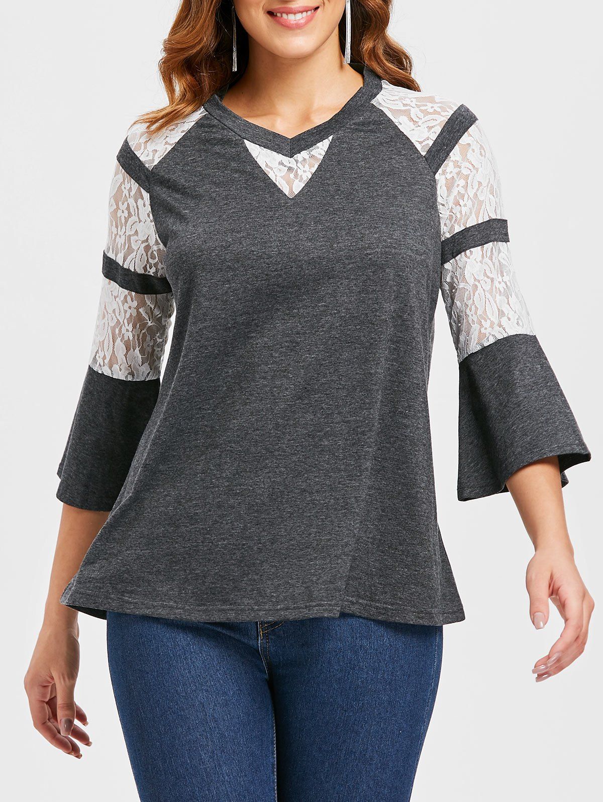 

Floral Lace Panel Flare Sleeve T-shirt, Gray