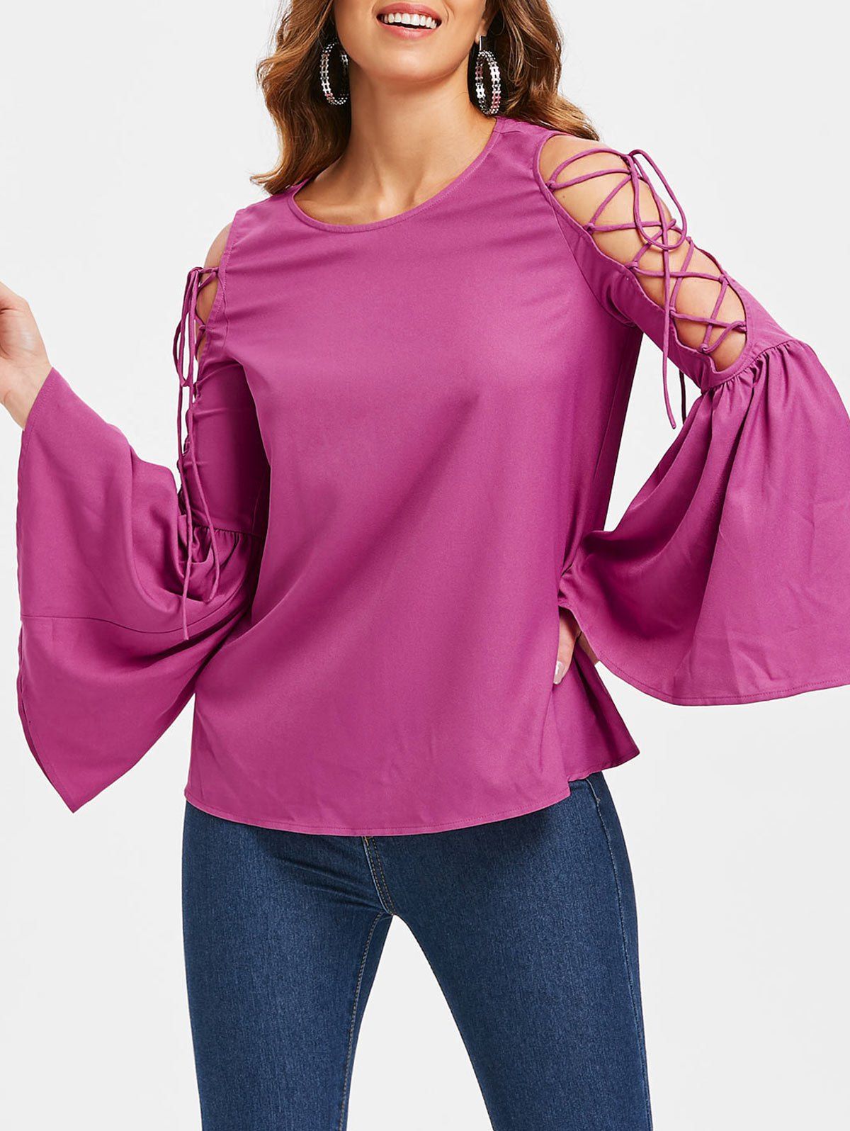 

Flare Sleeve Lace Up Tee, Rose red