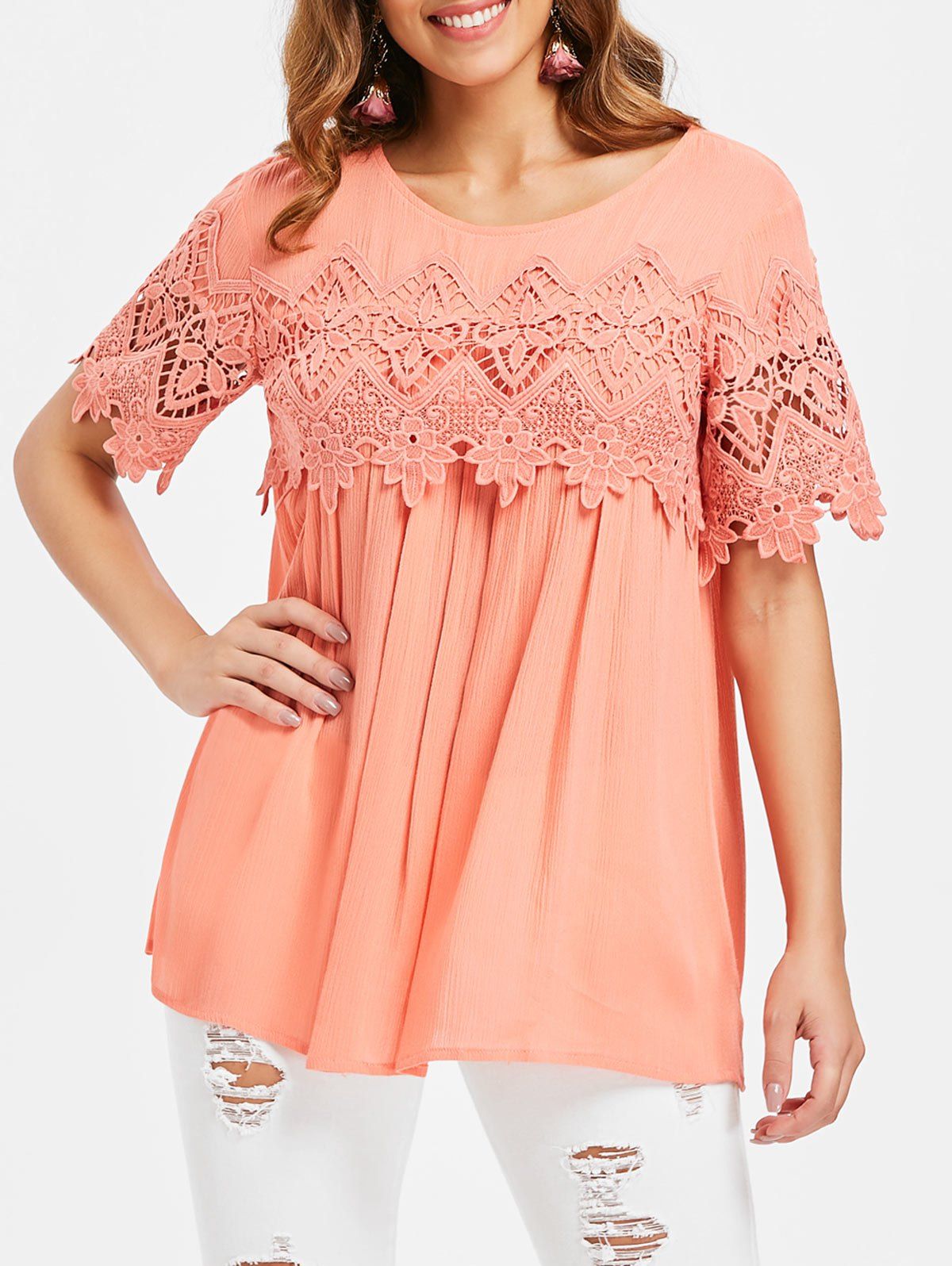 

Crochet Short Sleeve Blouse, Orange pink