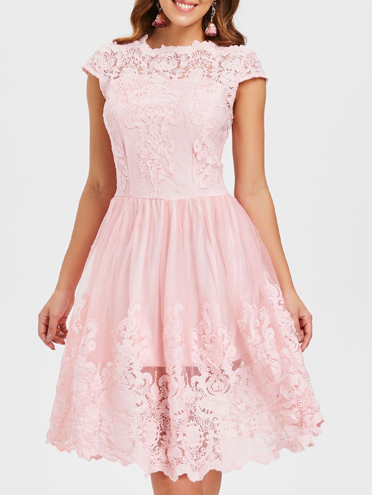 

Lace Embroidery A Line Dress, Pig pink