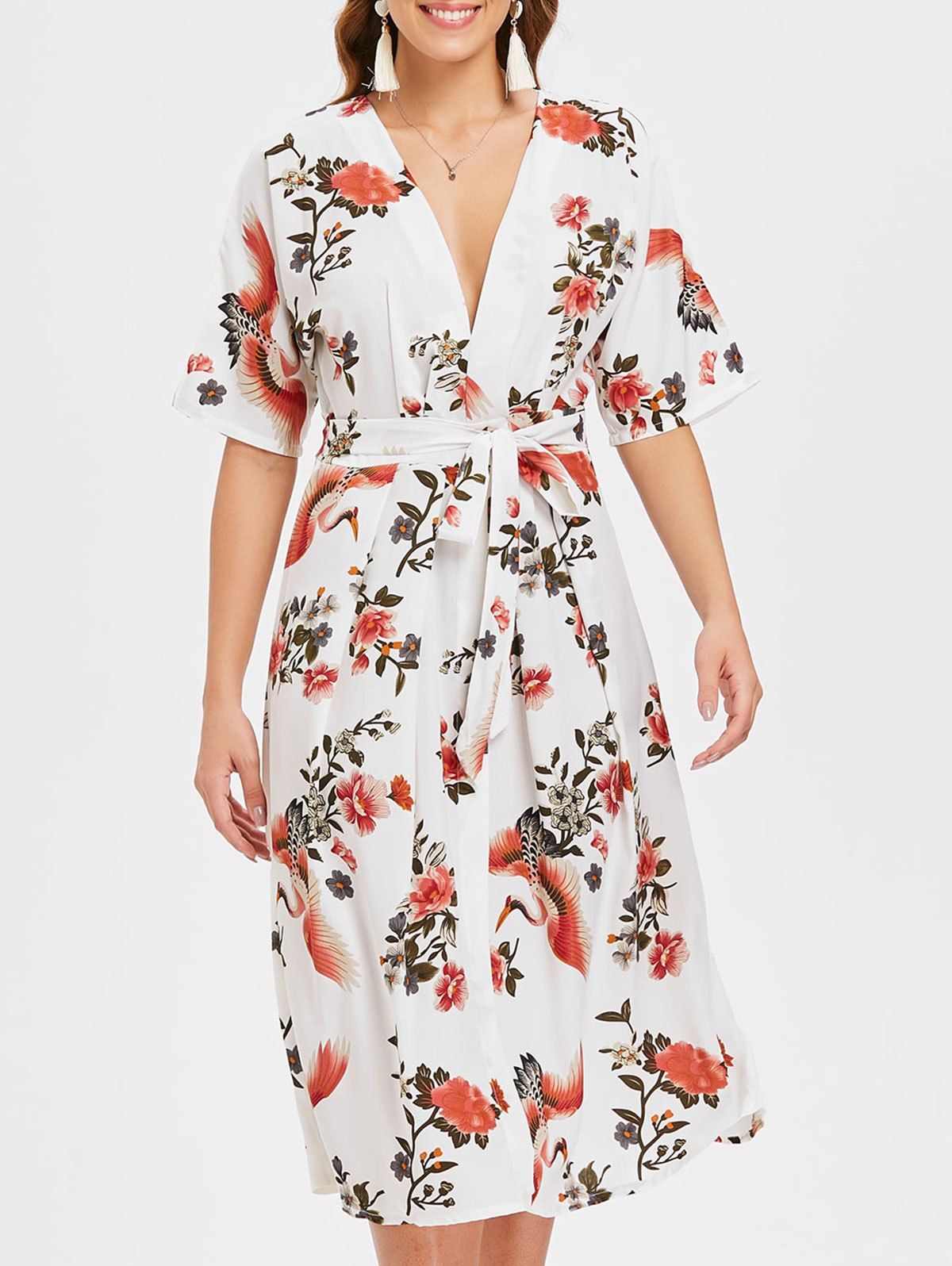 

Birds Pattern Midi Surplice Dress, Milk white