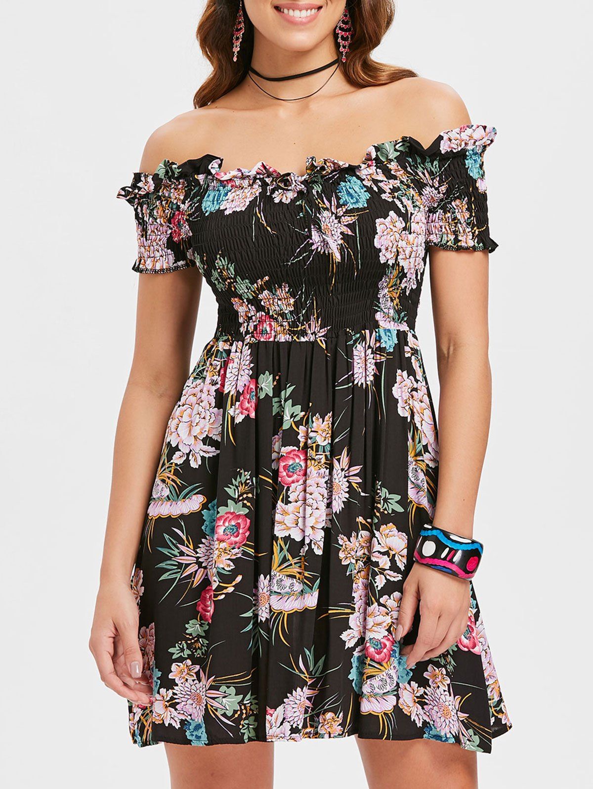 

Full Print Off Shoulder Ruched Dress, Black