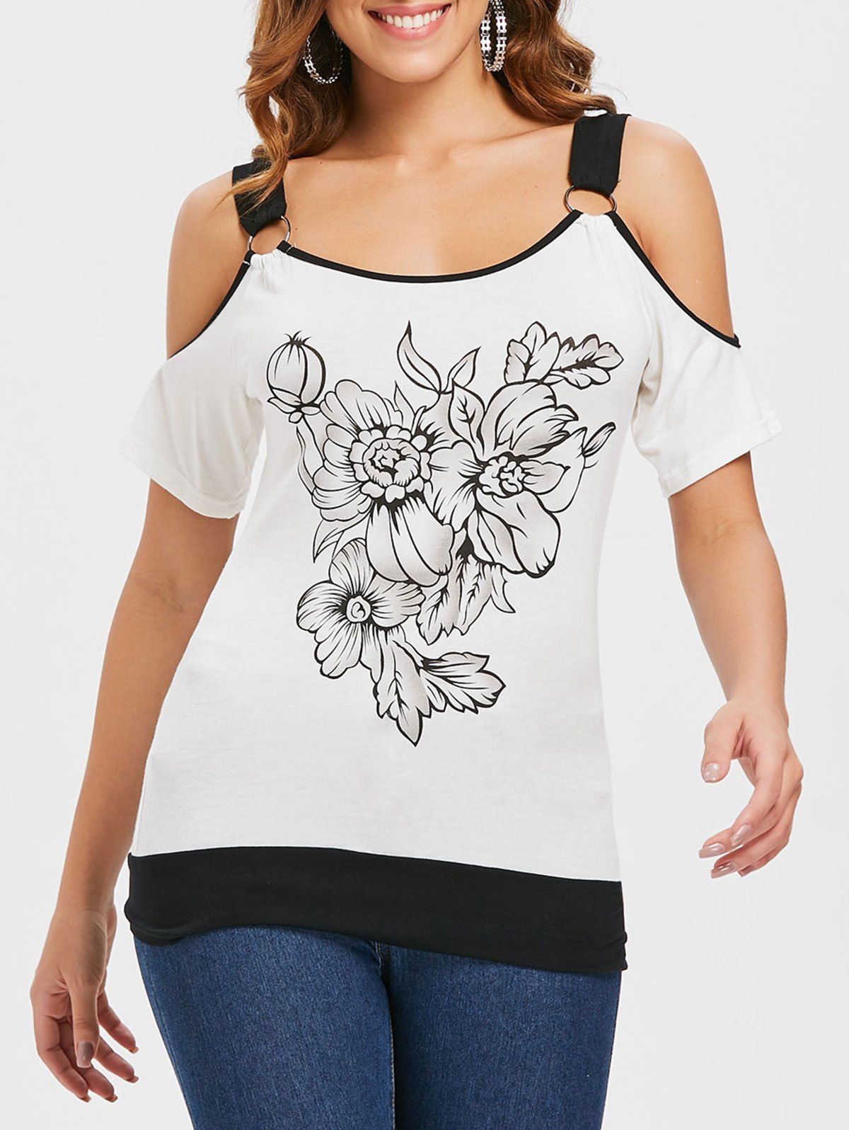 

Floral Print Cold Shoulder T-shirt, Milk white
