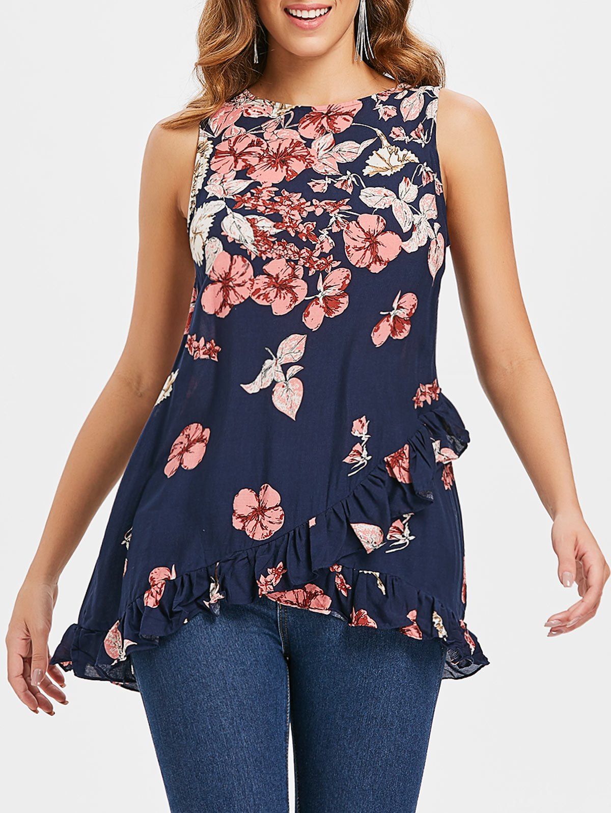 

Floral Print Falbala Brim Tank Top, Deep blue