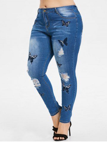 Plus Size Butterfly Embroidered Ripped Jeans