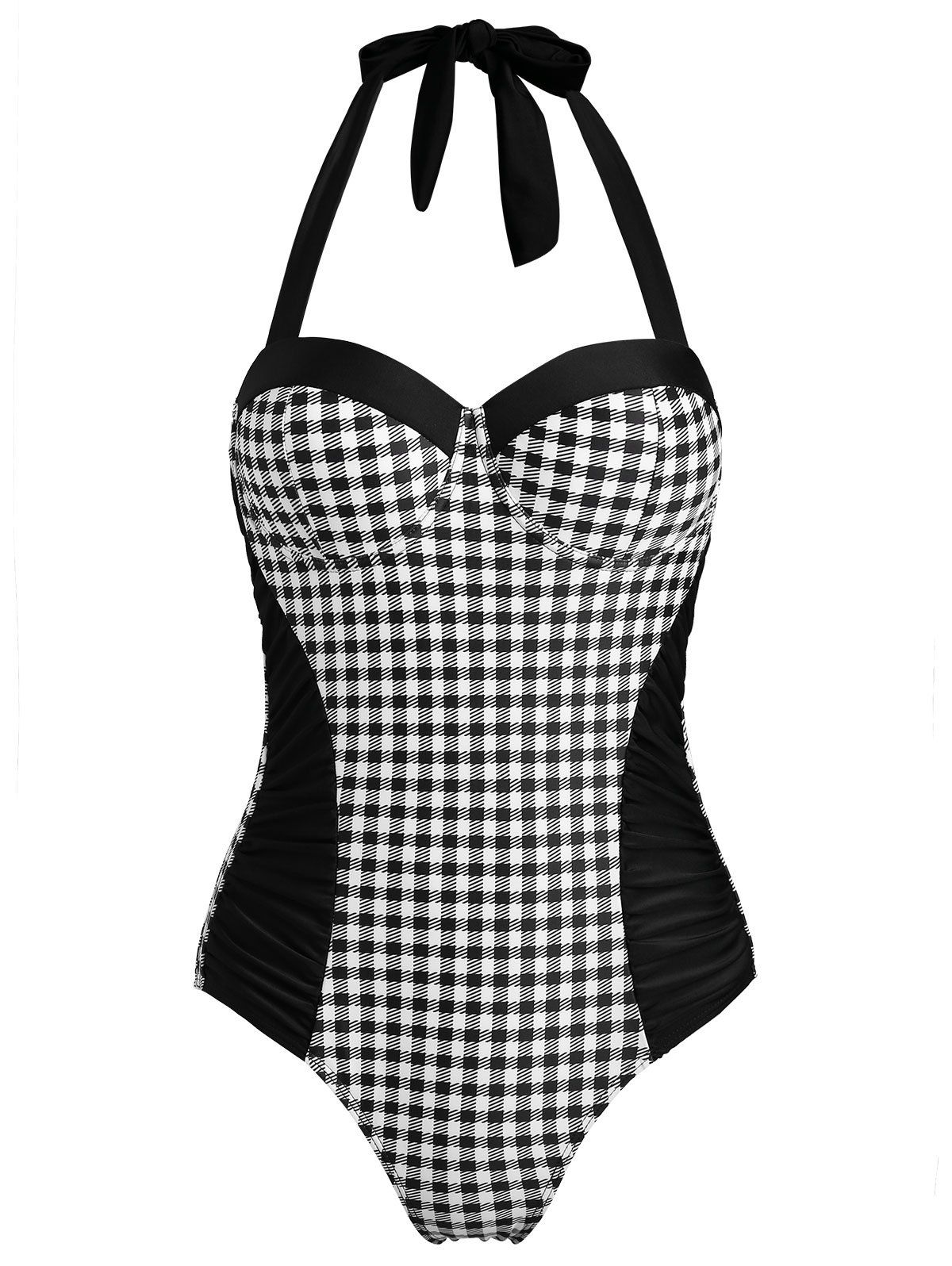 

Plaid Halter One-piece Swimsuit, Black