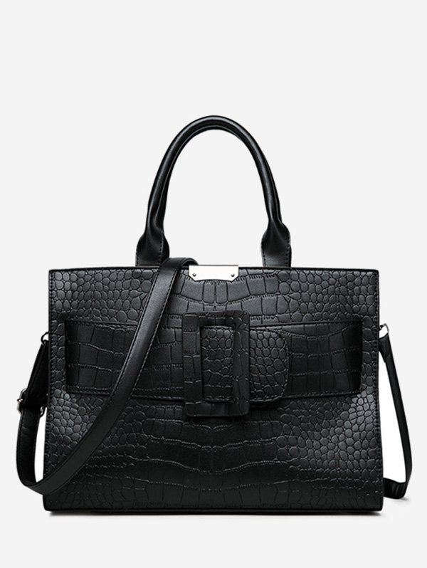 

Faux Leather Embossing Chic Handbag with Strap, Black