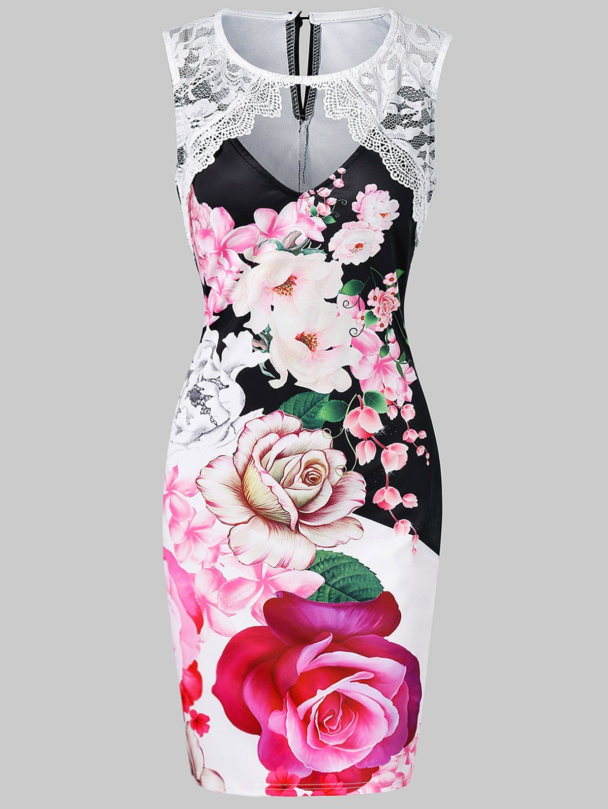 

Keyhole Lace Panel Floral Print Dress, Black