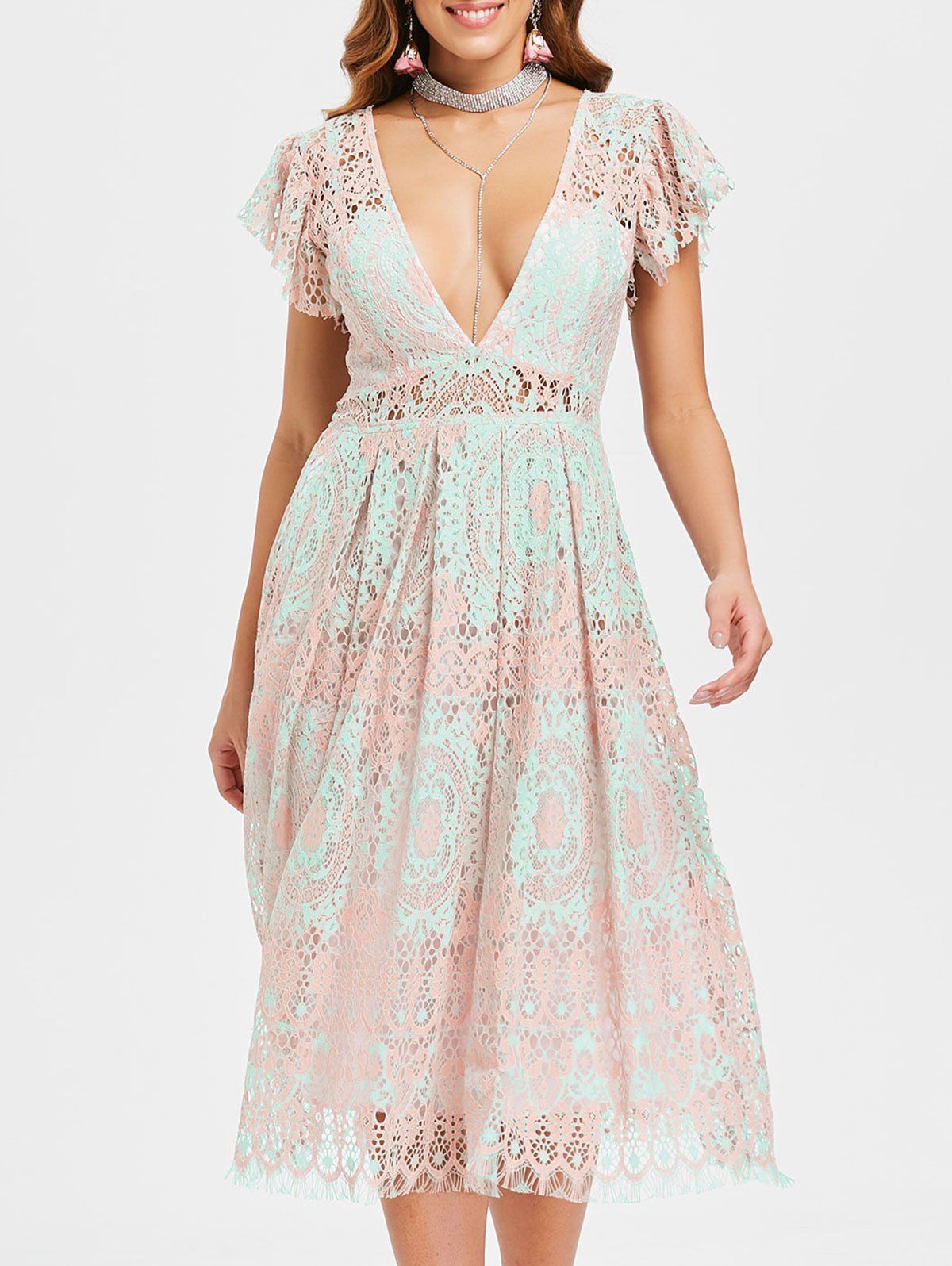 

Low Cut Lace Skater Dress, Multi