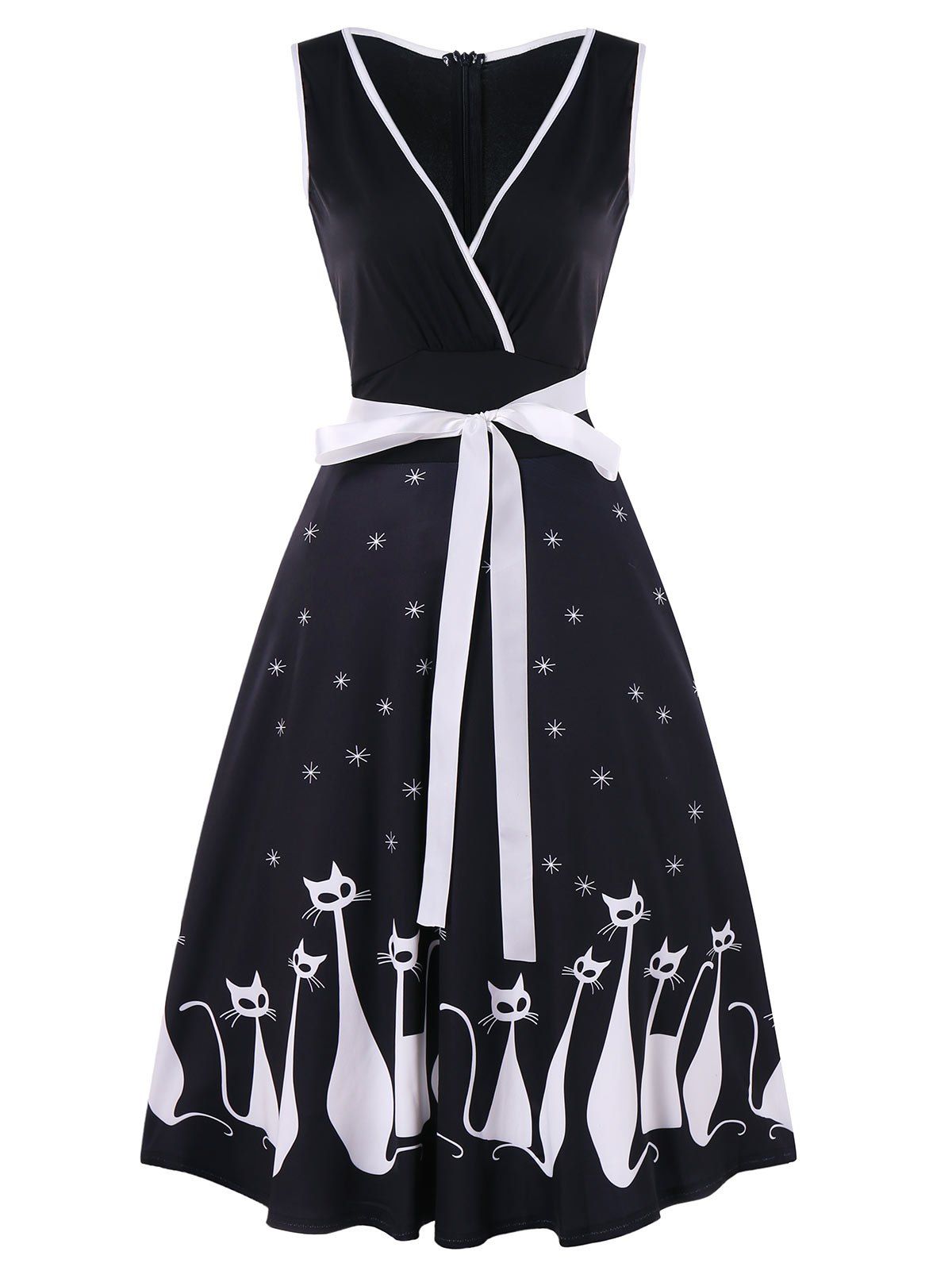

V Neck Cat Print Midi Surplice Dress, Black