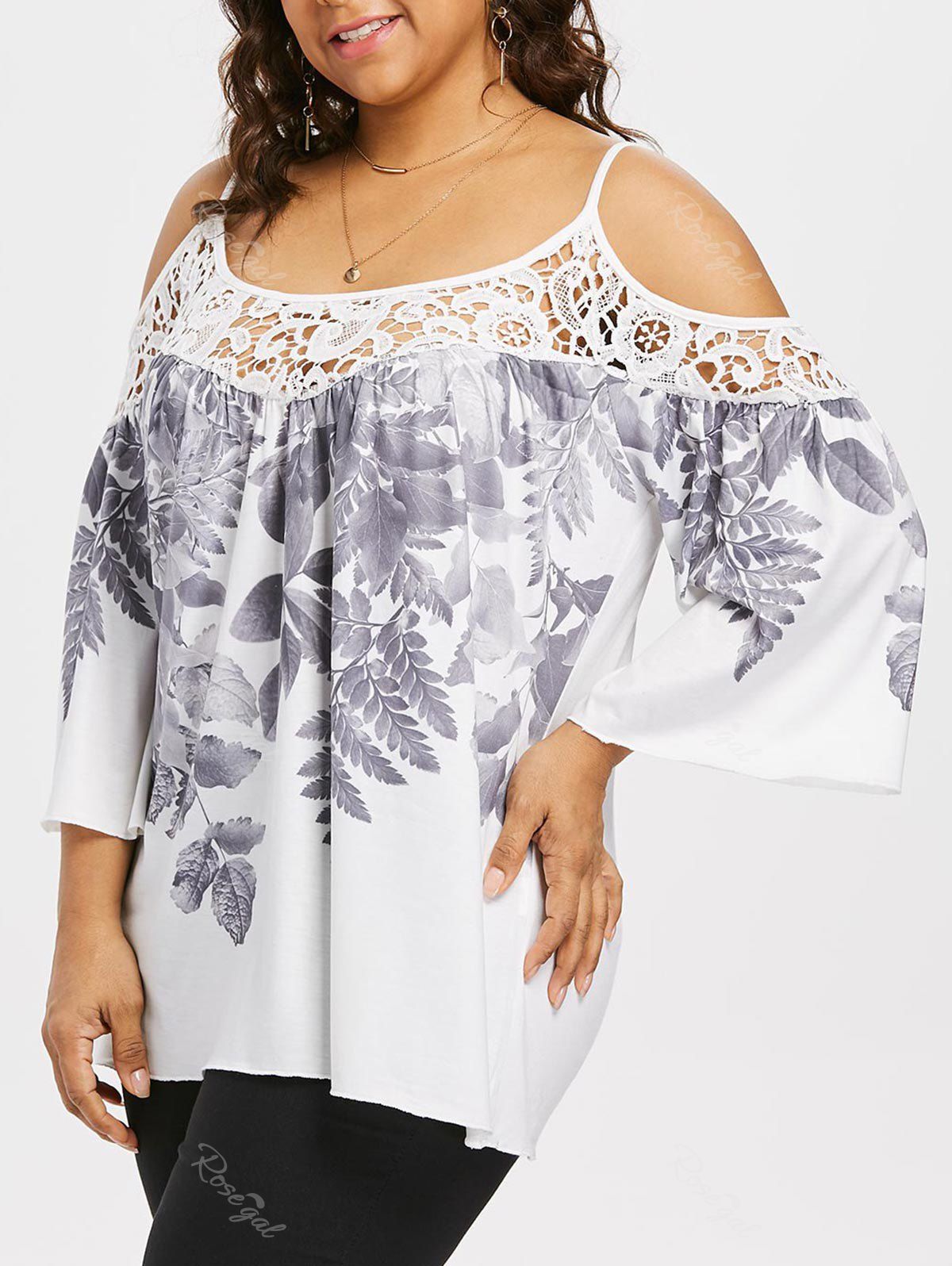 

Plus Size Leaf Print Flare Sleeve Top, White