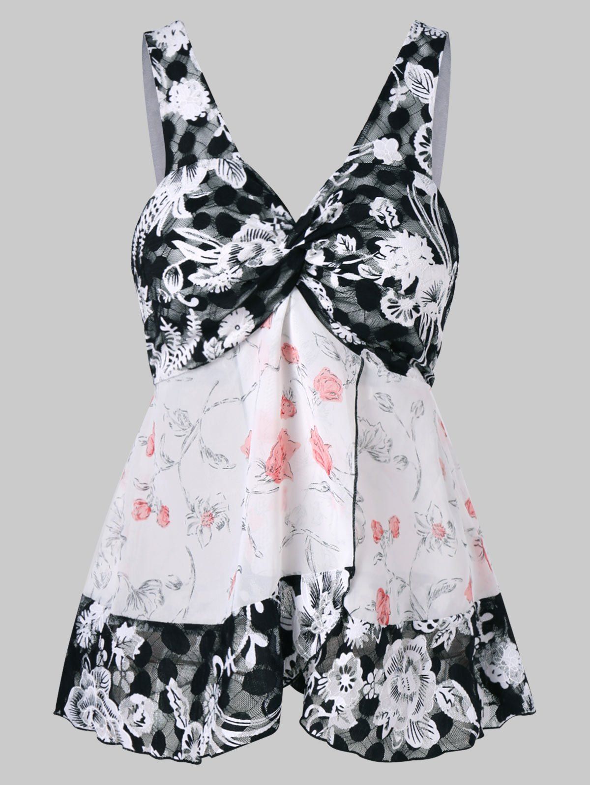 

V Neck Color Block Floral Tank Top, White