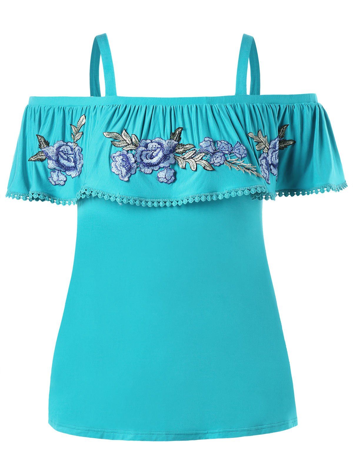 

Open Shoulder Plus Size Floral Embroidery T-shirt, Blue zircon