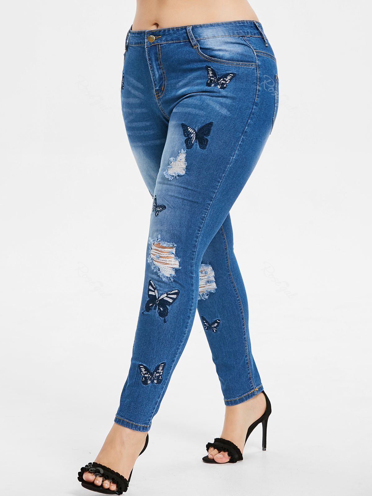 Fancy Plus Size Butterfly Embroidered Ripped Jeans  