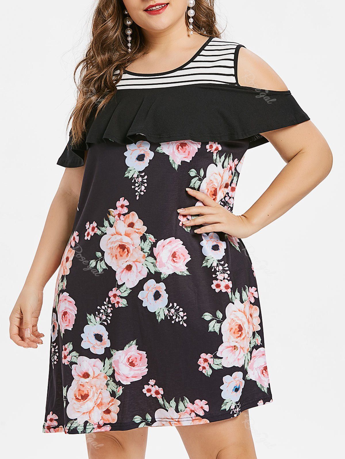 

Plus Size Flower Cold Shoulder Dress, Black