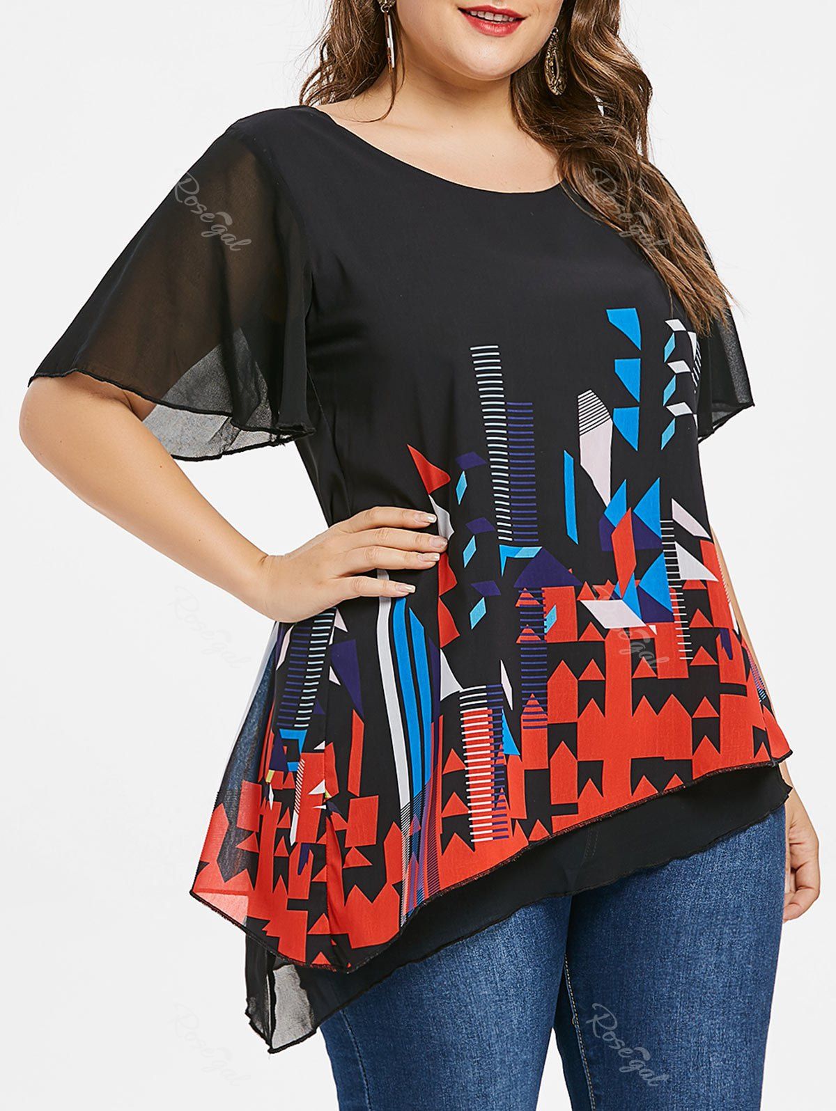 

Plus Size Geometric Print Back Overlay Blouse, Black