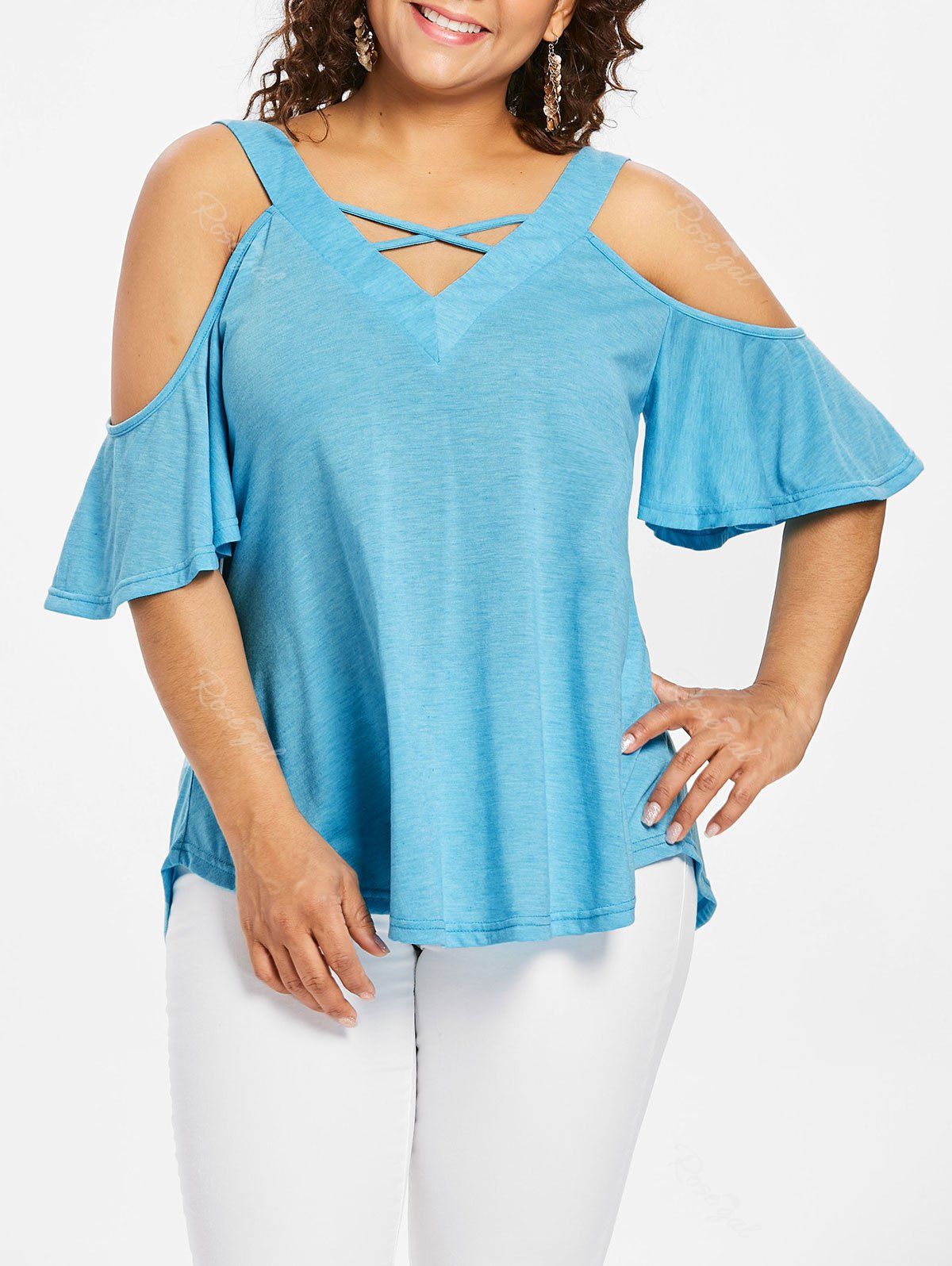 

Flare Sleeve Plus Size Criss Cross T-shirt, Butterfly blue