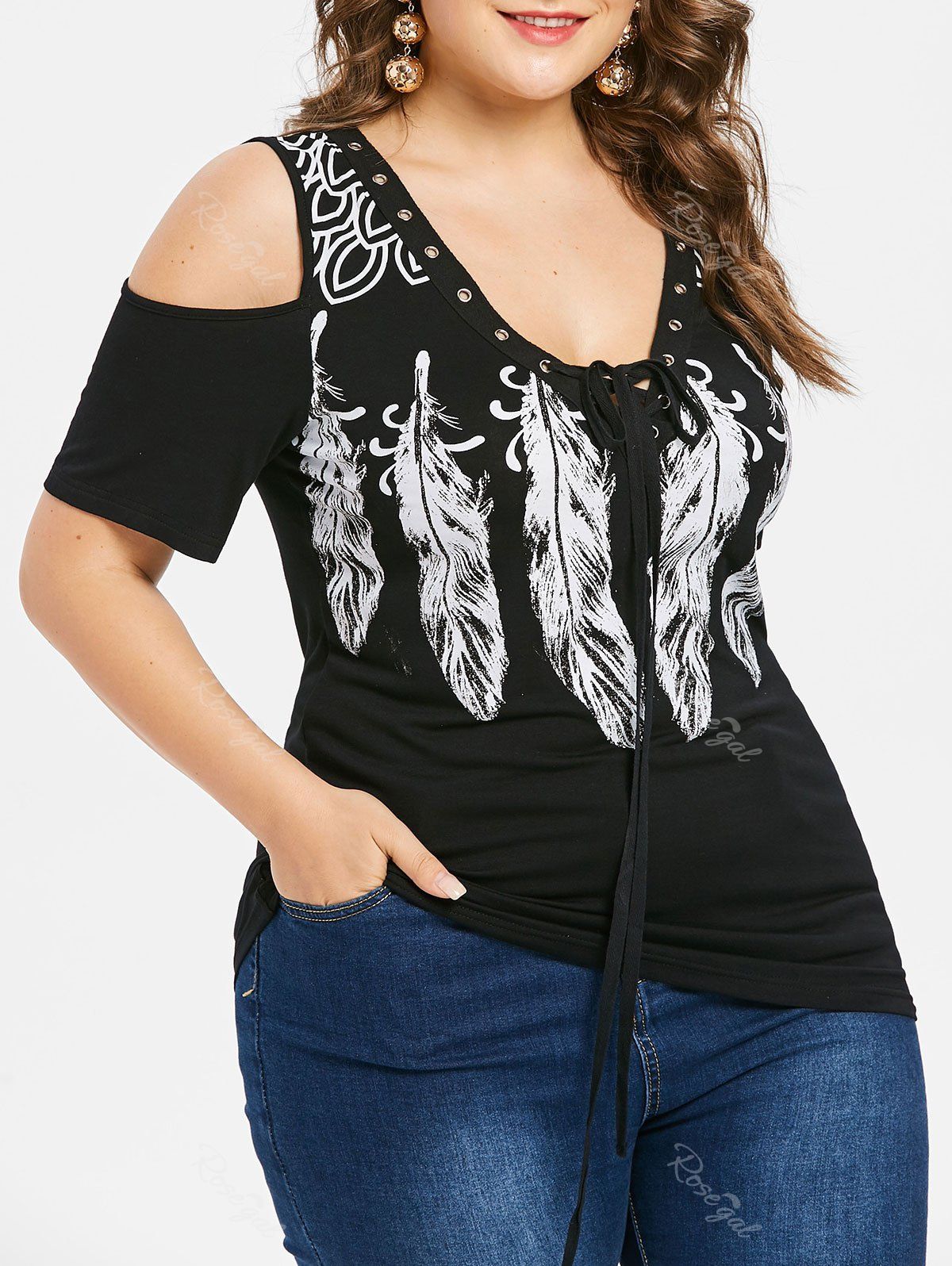 

Cold Shoulder Plus Size Feather Print T-shirt, Black
