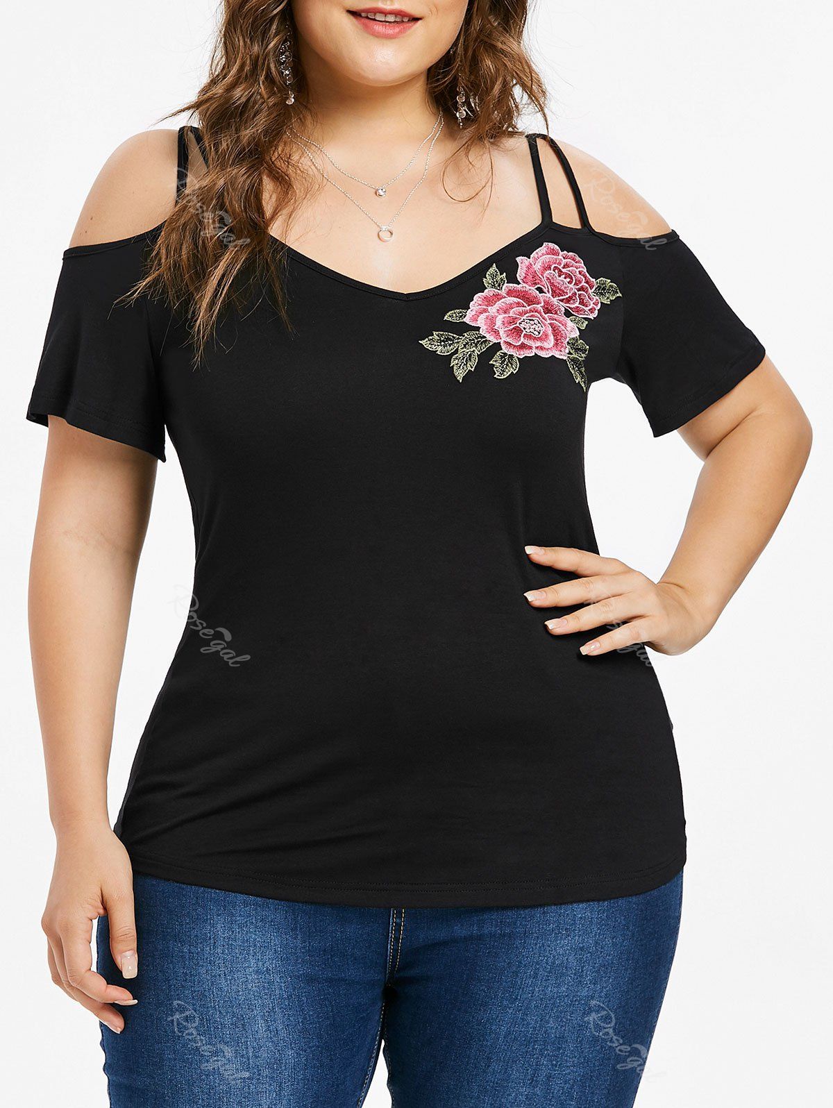

Plus Size Flower Applique V Neck T-shirt, Black