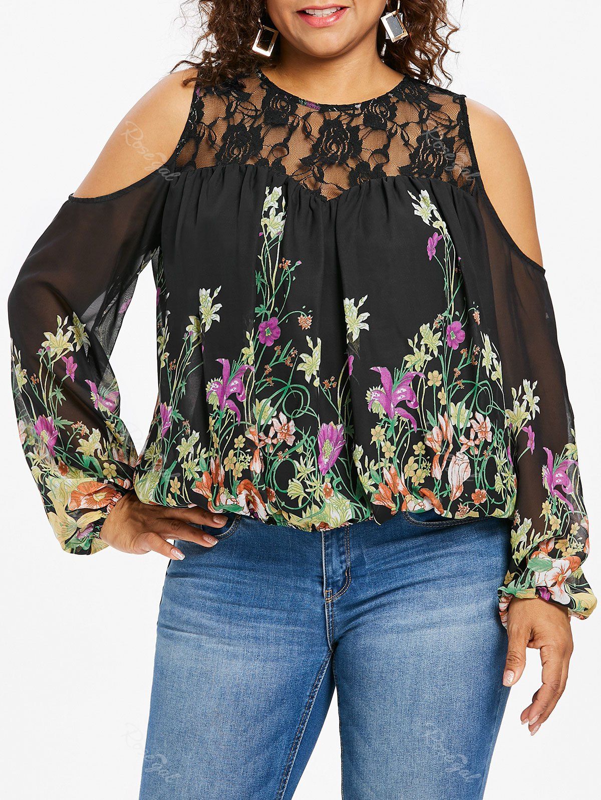 

Plus Size Lace Yoke Cold Shoulder Blouse, Black