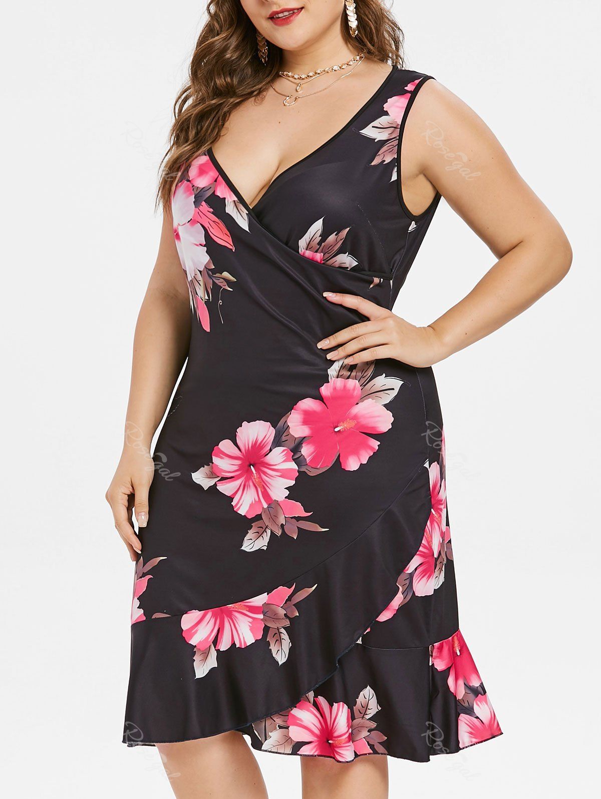 

Plus Size Ruffle Floral Tulip Dress, Black