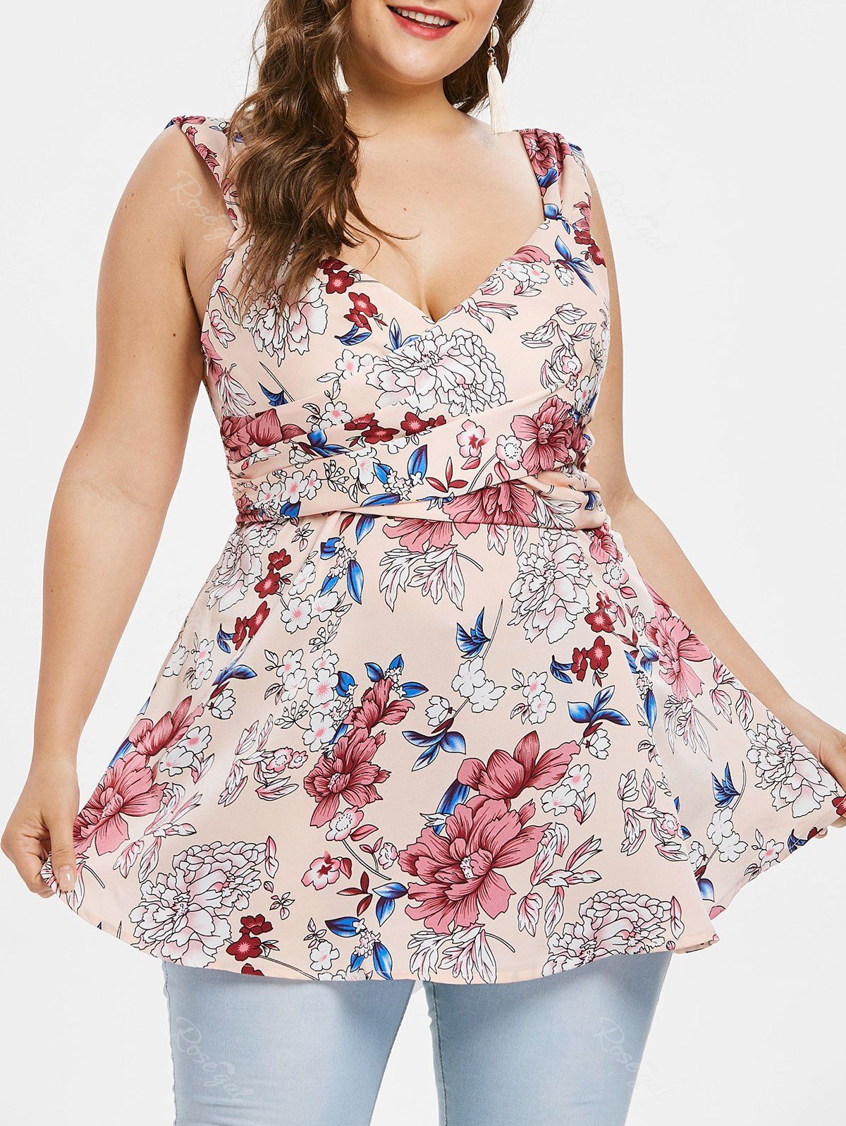 

Floral Print Plus Size A Line Tank Top, Light pink
