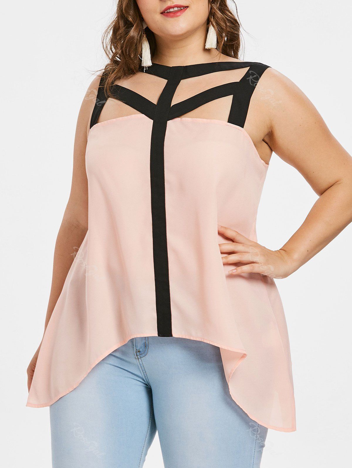 

Pus Size Contrast Trim Harness Tank Top, Light pink
