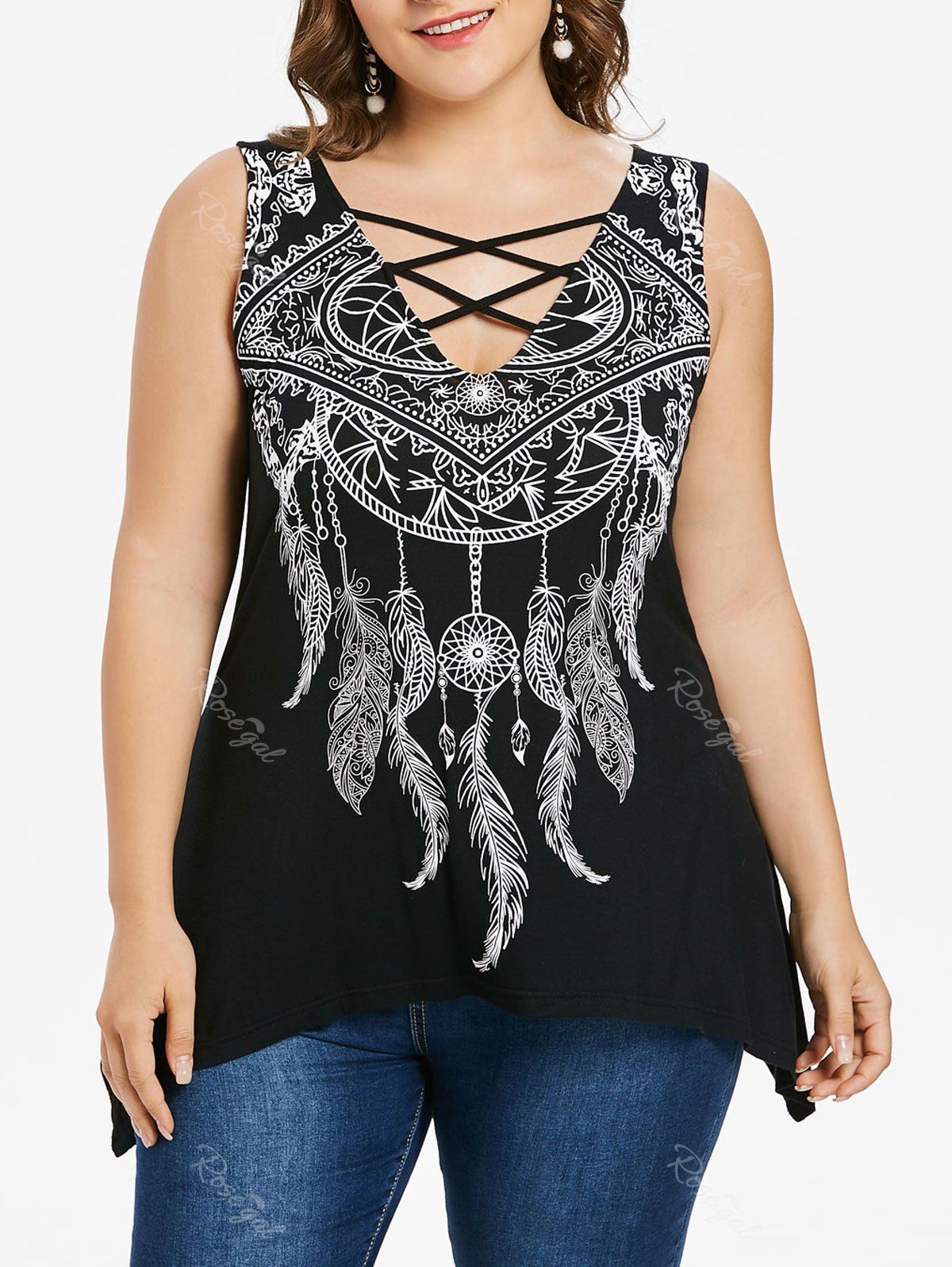 

Feather Print Plus Size Asymmetrical T-shirt, Colormix
