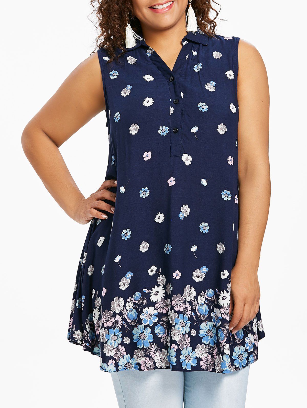 

Rosegal Plus Size Print Swing Tank Top, Deep blue