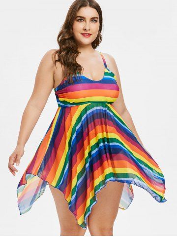 2019 plus size rainbow palm print tankini set