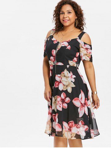 

Plus Size Floral Zip Front Flare Dress, Black