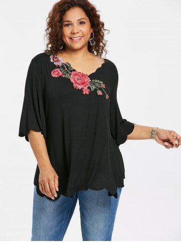 

Plus Size V Neck Scalloped T-shirt, Black