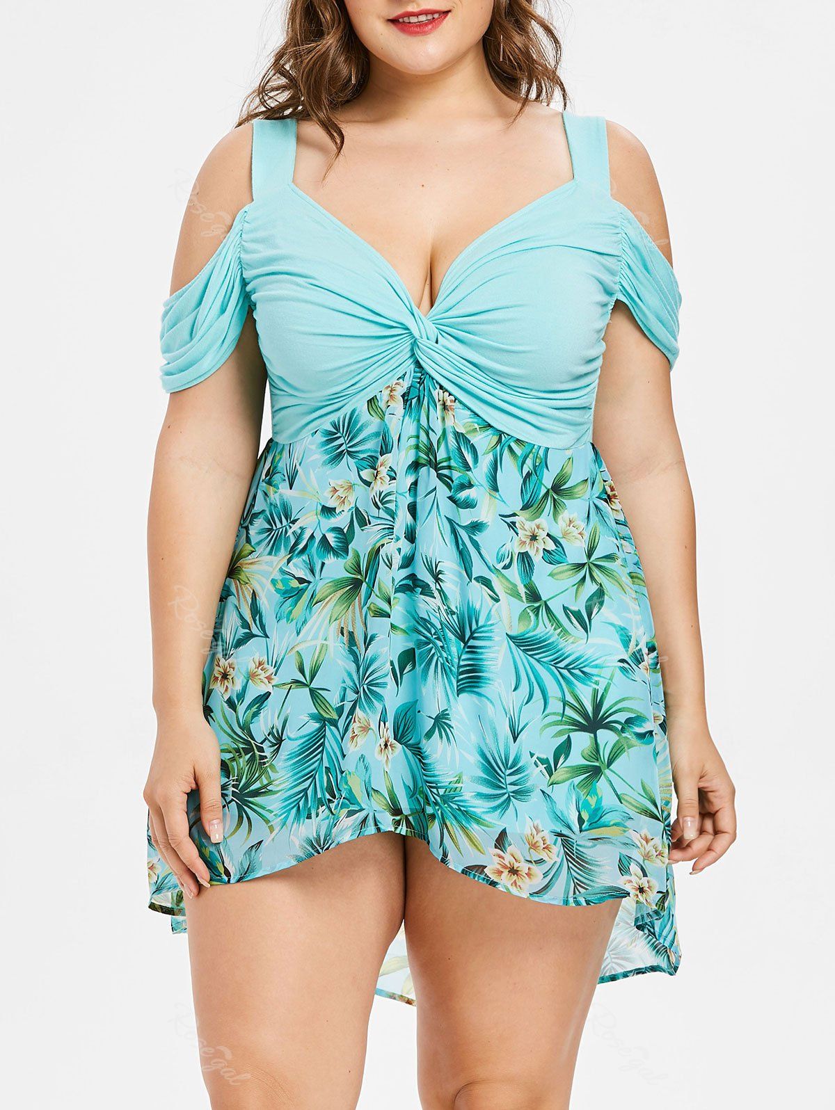 

Plus Size Twist Bust Floral Mini Dress, Light cyan