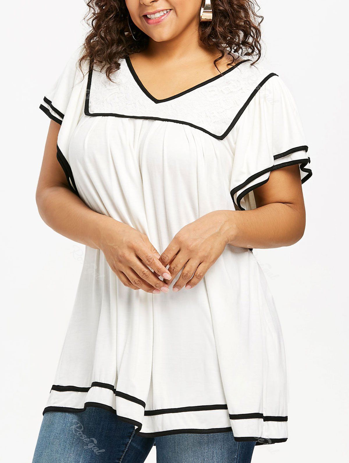 

Plus Size Contrast Trim Butterfly Sleeve T-shirt, White