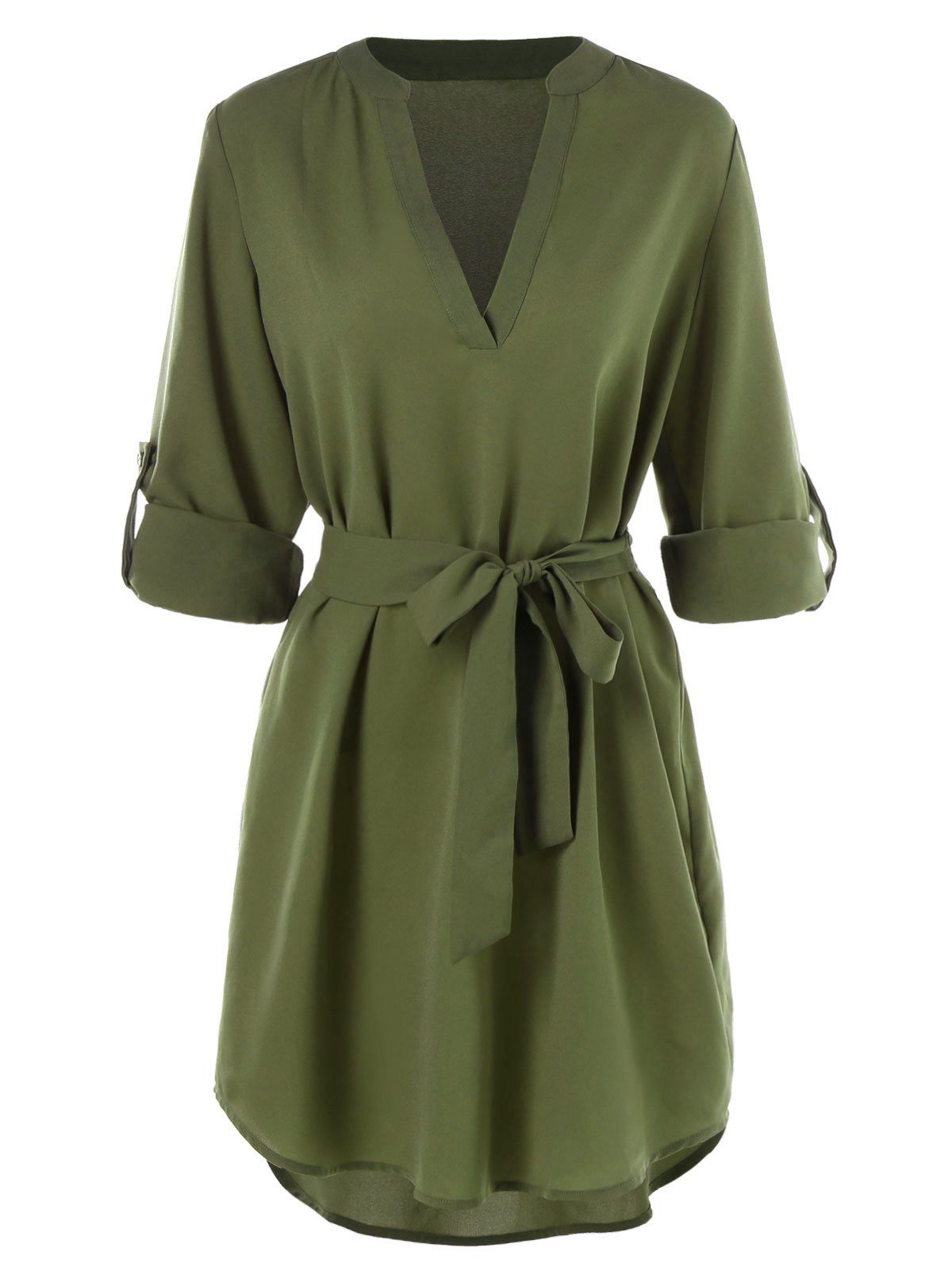 

Belted Long Sleeve Casual Dress, Army green