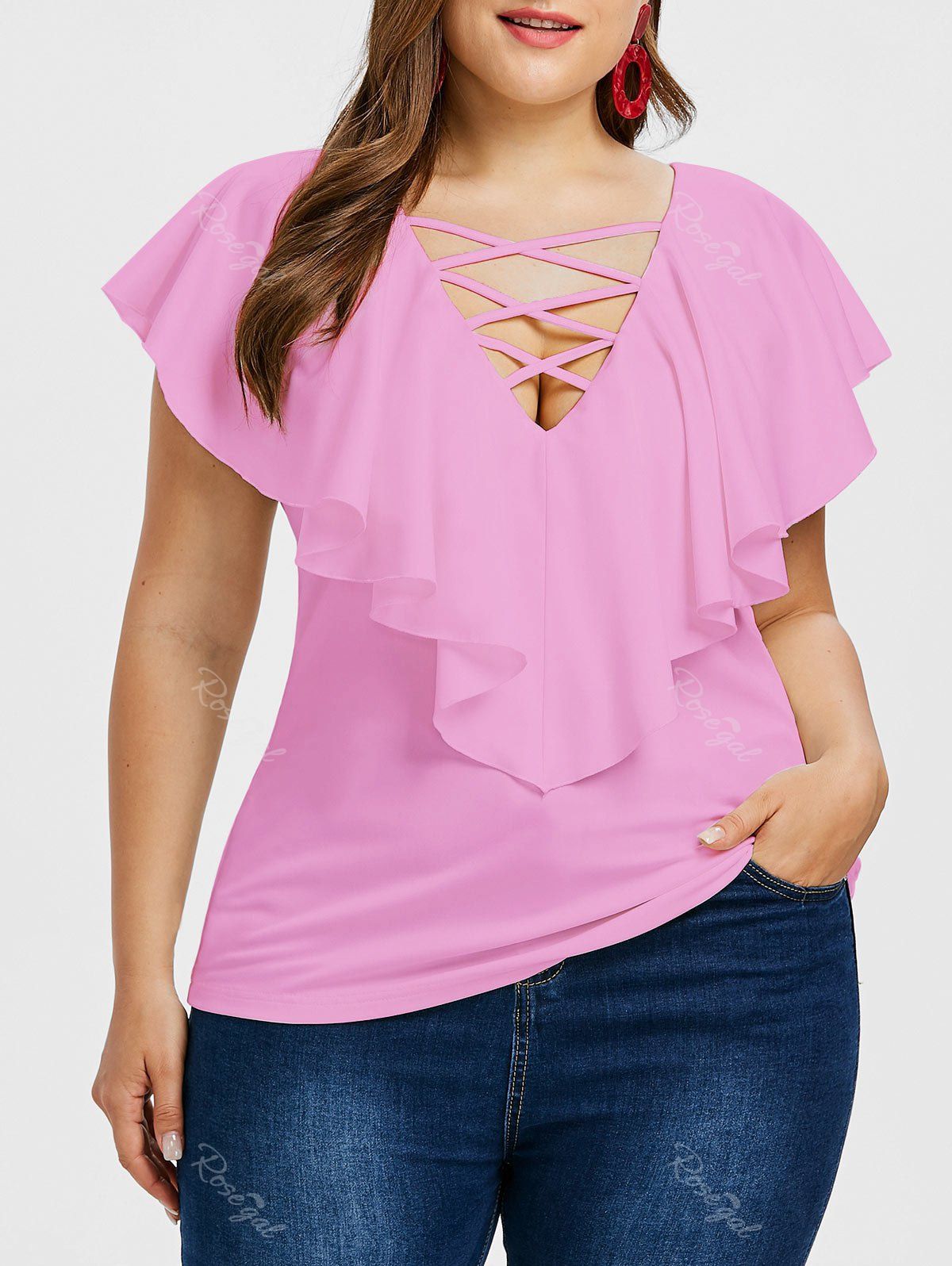 

Criss Cross Plus Size Ruffle Insert T-shirt, Hot pink