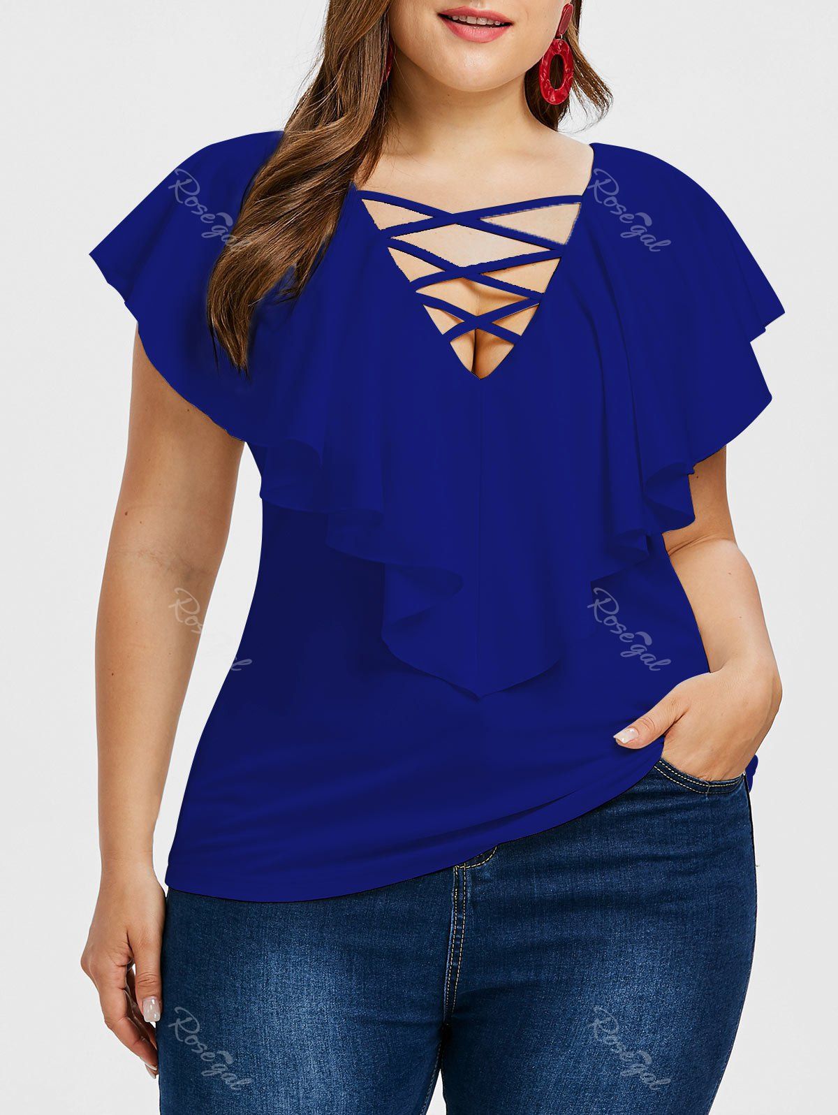 

Criss Cross Plus Size Ruffle Insert T-shirt, Denim dark blue