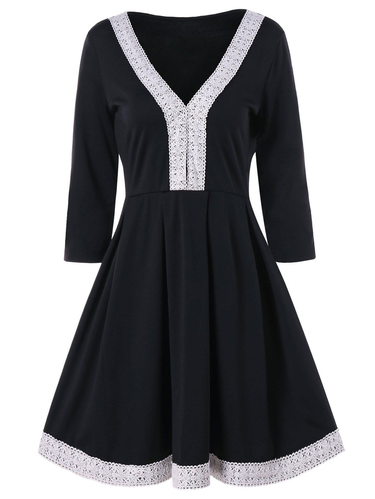 

Cochet Lace Trim Fit and Flare Dress, Black